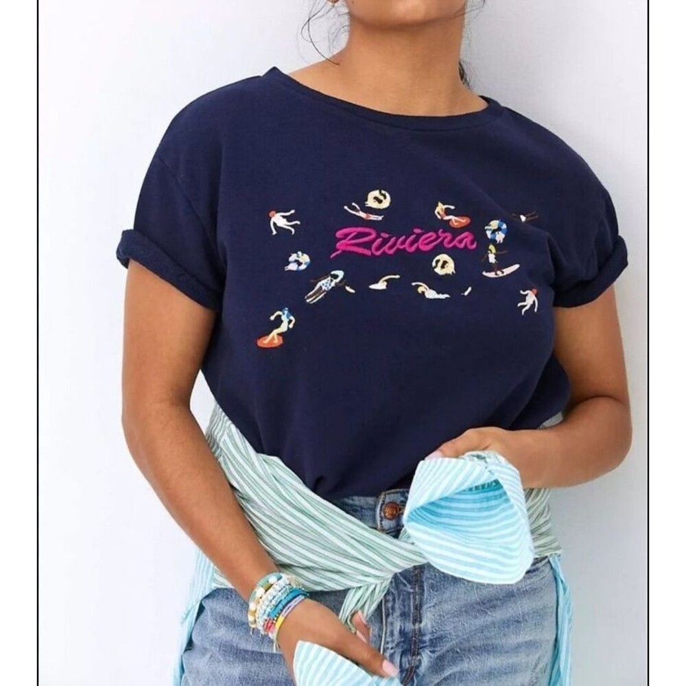Anthropologie Maeve Beach Embroidered Crop Sweatshirt Tee Raw Hem Navy Blue Sz S